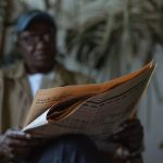 An adult man reading a newspaper indoors, surrounded by plants with a blurred background. — Vavada Bitcoin Kockanje i Njegove